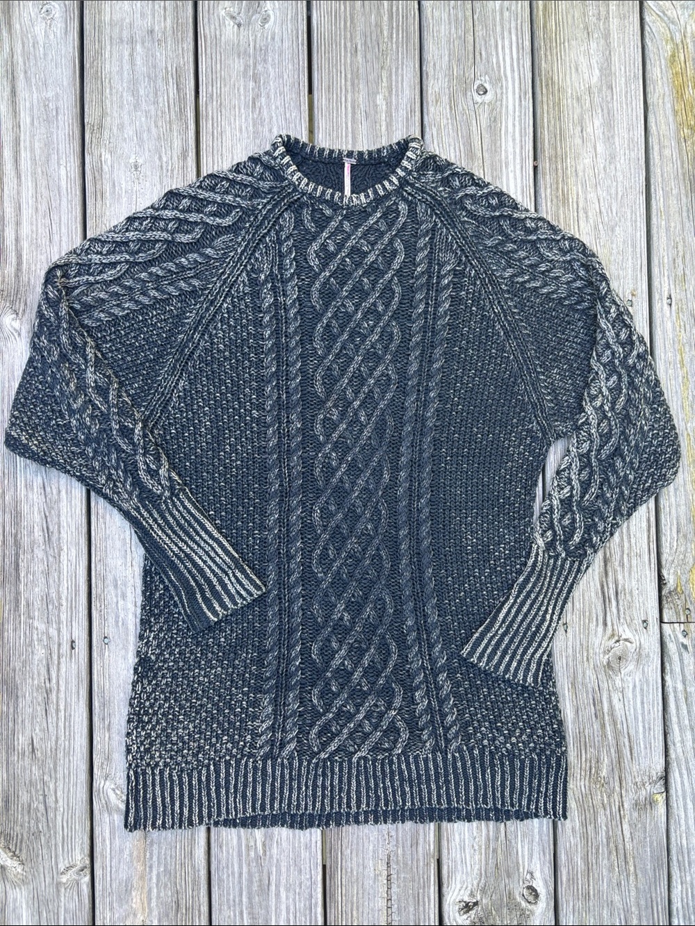 Free People Charcoal Cable-Knit Relaxed Fit Fisherman Crewneck Sweater Size S